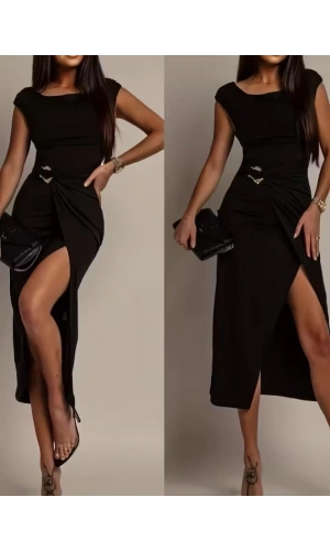 Bidebuvar Kadın Kısa Kollu Geometrik Yakalı önden Açık Modal Mini Elbise