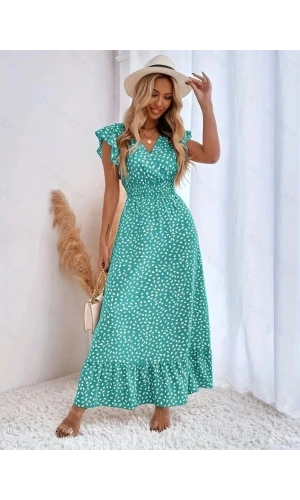 Bidebuvar Kadın Kısa Kollu Kruvaze Yaka Beli Lastikli çiçek Desenli Elbise