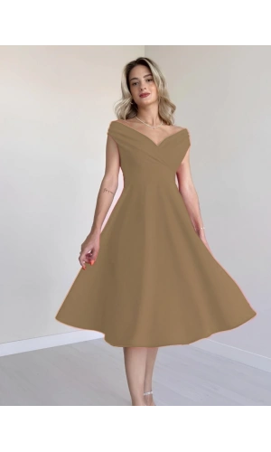 Bidebuvar Kadın Kısa Kollu Kruvaze Yaka Eteği Volanlı Krep Elbise