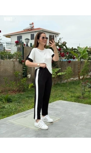 Bidebuvar Kadın Kısa Kollu Modal Dokulu Kumaş Yanı şeritli Takım