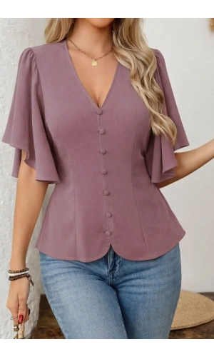 Bidebuvar Kadın Kısa Kollu önden Düğmeli Ithal Krep Bluz