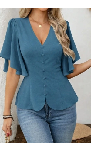 Bidebuvar Kadın Kısa Kollu önden Düğmeli Ithal Krep Bluz