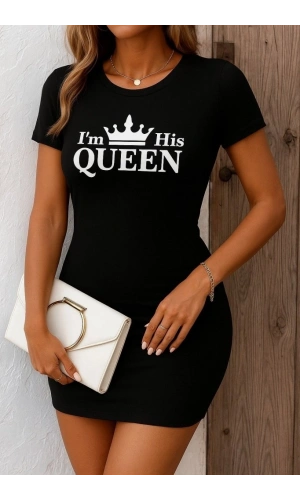 Bidebuvar Kadın Kısa Kollu Queen Baskı Iki Iplik Mini Elbise