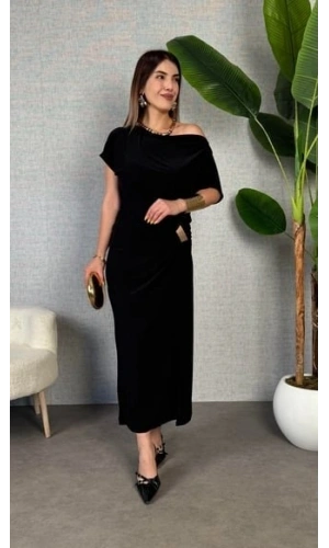 Bidebuvar Kadın Kısa Kollu Tek Omuzdan Açık Beli Lastikli Sandy Maxi Elbise