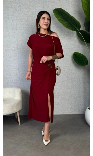Bidebuvar Kadın Kısa Kollu Tek Omuzdan Açık Beli Lastikli Sandy Maxi Elbise