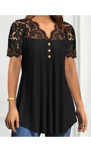 Bidebuvar Kadın Kısa Kollu V Dantel Yakalı Düğmeli Viskon Bluz