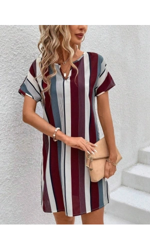 Bidebuvar Kadın Kısa Kollu V Yakalı çizgi Baskılı Süprem Elbise