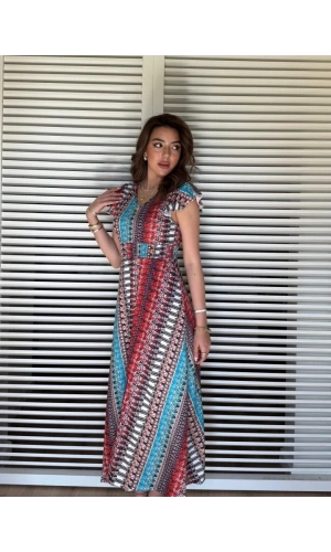 Bidebuvar Kadın Kısa Kollu V Yakalı Desenli Yandan Yırtmaçlı Süprem Elbise