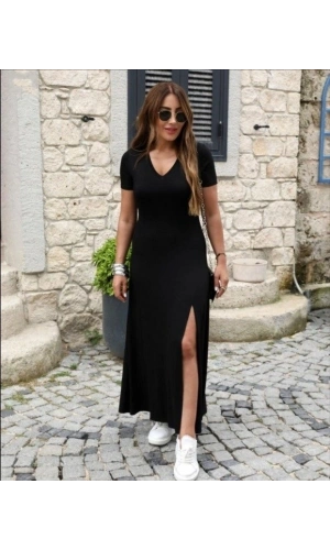 Bidebuvar Kadın Kısa Kollu V Yakalı Maksi Boy Viskon Elbise