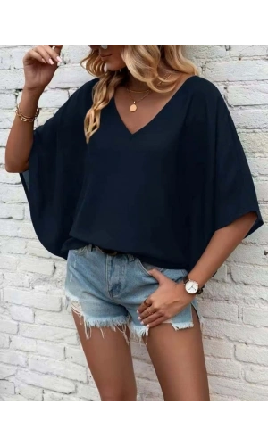 Bidebuvar Kadın Kısa Kollu V Yakalı Salaş Viskon Bluz