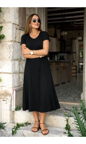 Bidebuvar Kadın Kısa Kollu V Yakalı Yırtmaçlı Midi Viskon Elbise