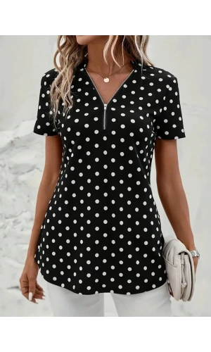 Bidebuvar Kadın Kısa Kollu Yakadan Fermuarlı Puantiyeli Uzun Dokuma Viskon Bluz