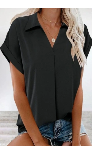 Bidebuvar Kadın Kısa Kollu Yakalı Dokuma Viskon Bluz