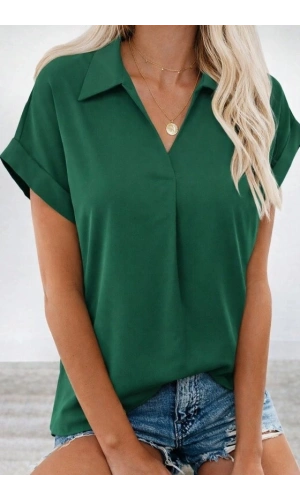 Bidebuvar Kadın Kısa Kollu Yakalı Dokuma Viskon Bluz