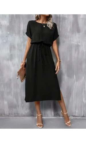 Bidebuvar Kadın Kısa Kollu Yakası Açık Belden Bağlamalı Yırtmaçlı Viskon Elbise