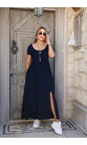 Bidebuvar Kadın Kısa Kollu Yuvarlak Yaka önden Yırtmaçlı Cepli Viskon Uzun Elbise