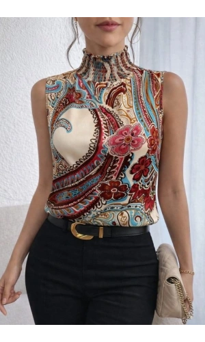 Bidebuvar Kadın Kolsuz Balıkçı Yaka Desenli Süprem Bluz