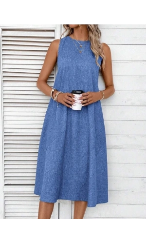 Bidebuvar Kadın Kolsuz Bisiklet Yaka Cepli Midi Keten Elbise