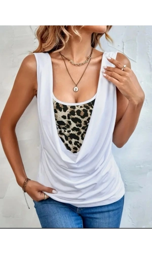 Bidebuvar Kadın Kolsuz Degaje Leopar Detay Bluz