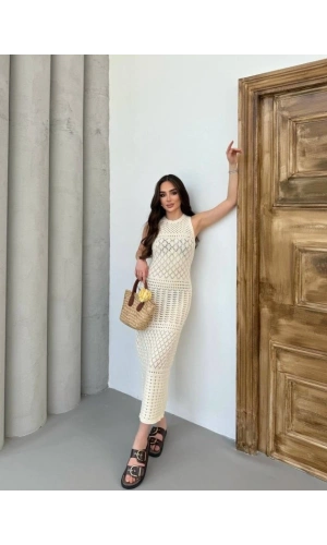 Bidebuvar Kadın Kolsuz Kuş Gözü Teday Full Transparan Maxi Boy Elbise