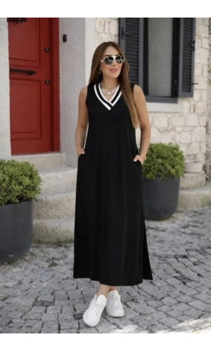 Bidebuvar Kadın Kolsuz V Ribana Yakalı Cepli Uzun Viskon Iki Iplik Elbise