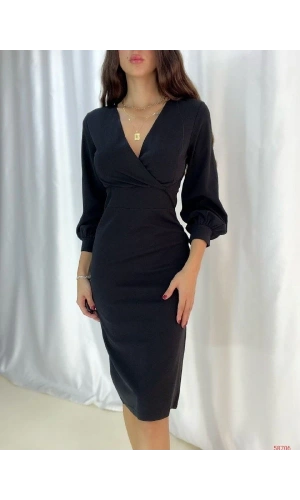 Bidebuvar Kadın Kruvaze Yaka Balon Kol Midi Boy Elbise