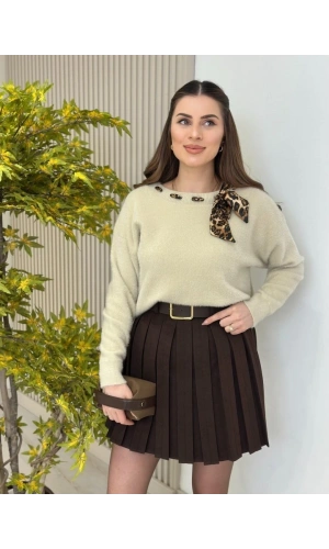 Bidebuvar Kadın Leopar Desen Flar Detay Bisiklet Yaka Triko Kazak