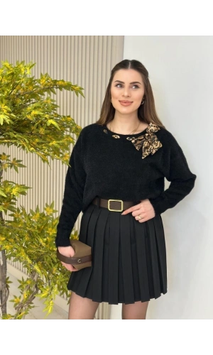 Bidebuvar Kadın Leopar Desen Flar Detay Bisiklet Yaka Triko Kazak