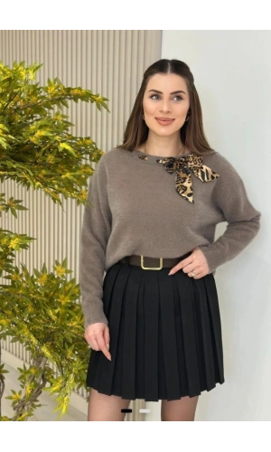 Bidebuvar Kadın Leopar Desen Flar Detay Bisiklet Yaka Triko Kazak