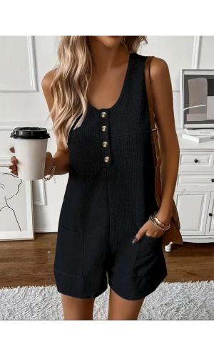 Bidebuvar Kadın Omuz Askılı önden Düğmeli Waffle Kısa Tulum