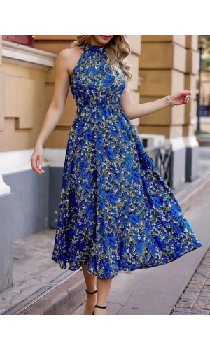 Bidebuvar Kadın Omuz Dekolteli Halter Yaka Desenli Maxi Süprem Elbise