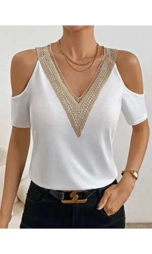 Bidebuvar Kadın Omuzlardan Açık V Yakalı Viskon Bluz