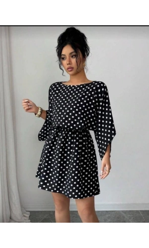 Bidebuvar Kadın Puantiyeli örme Krep Mini Elbise (kemersiz)