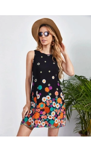 Bidebuvar Kadın Sıfır Kollu Bisiklet Yaka çiçek Desenli Süprem Mini Elbise