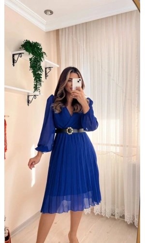 Bidebuvar Kadın şifon Kumaş Astalı Kloş Kesim Kruvaze Yaka Midi Boy Elbise