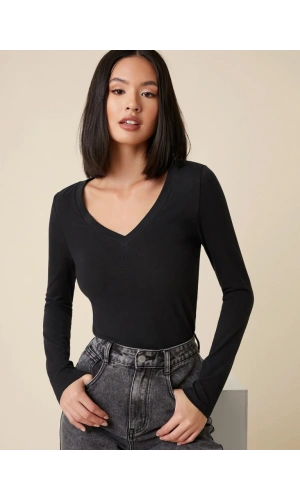 Bidebuvar Kadın Siyah V Yaka Uzun Kollu Bluz