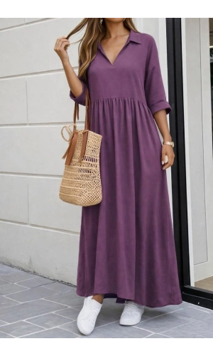 Bidebuvar Kadın Truvakar Kollu V Yakalı Yırtmaçlı Uzun Aerobin Elbise