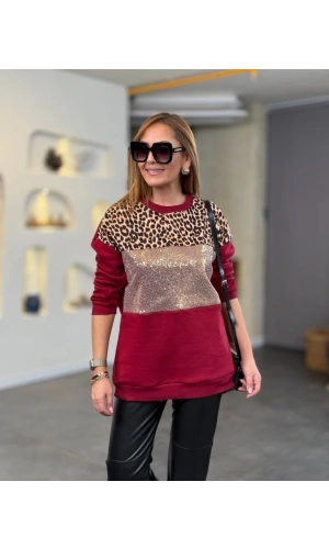 Bidebuvar Kadın üç Iplik şardonlu Kumaş Leopar Desenli Bluz