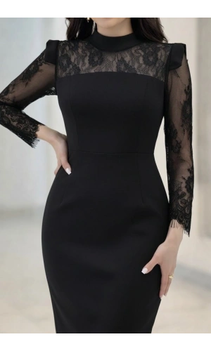 Bidebuvar Kadın Uzun Kollu Balıkçı Yaka Dantel Detaylı Midi Ithal Krep Elbise