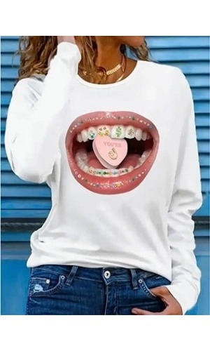 Bidebuvar Kadın Uzun Kollu Bisiklet Yaka Baskılı Viskon Bluz