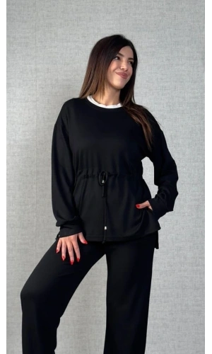 Bidebuvar Kadın Uzun Kollu Bisiklet Yaka Belden Büzgülü Bağcıklı Viskon Iki Iplik Bluz Ve Pantolon Ikili Takım