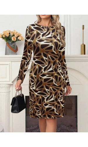 Bidebuvar Kadın Uzun Kollu Bisiklet Yaka Desenli Dalgıç Kısa Elbise