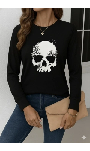 Bidebuvar Kadın Uzun Kollu Bisiklet Yaka Kurukafa Desenli Viskon Bluz