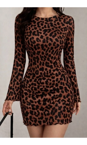 Bidebuvar Kadın Uzun Kollu Bisiklet Yaka Leopar Desenli Dalgıç Mini Elbise
