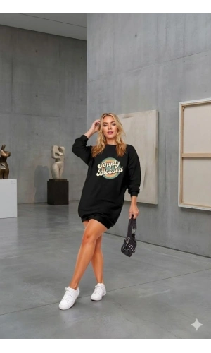 Bidebuvar Kadın Uzun Kollu Bisiklet Yaka Yazılı Viskon Iki Iplik Elbise