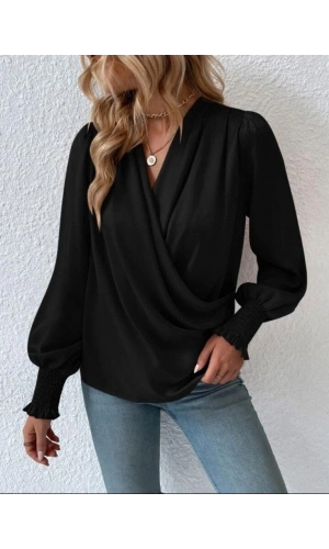 Bidebuvar Kadın Uzun Kollu Dökümlü Kruvaze Yaka Kol Ucu Gipeli Sandy Bluz