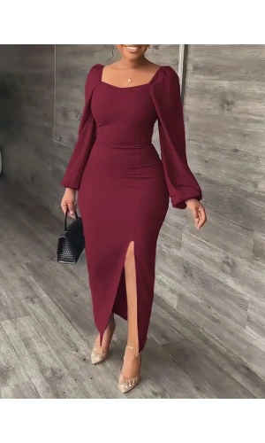 Bidebuvar Kadın Uzun Kollu Geometrik Yakalı Yandan Yırtmaçlı Uzun Janjan Krep Elbise