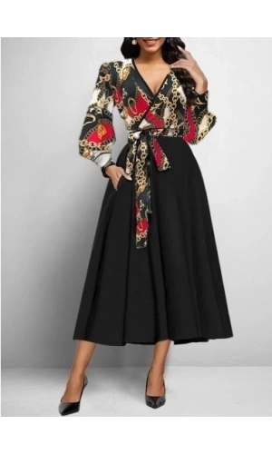 Bidebuvar Kadın Uzun Kollu Kruvaze Yaka Dalgıç Krep Midi Boy Elbise