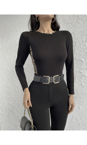 Bidebuvar Kadın Uzun Kollu Leopar şeritli Viskon Bluz