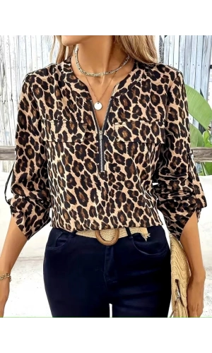 Bidebuvar Kadın Uzun Kollu önden Fermuarlı Leopar Desenli Modal Bluz